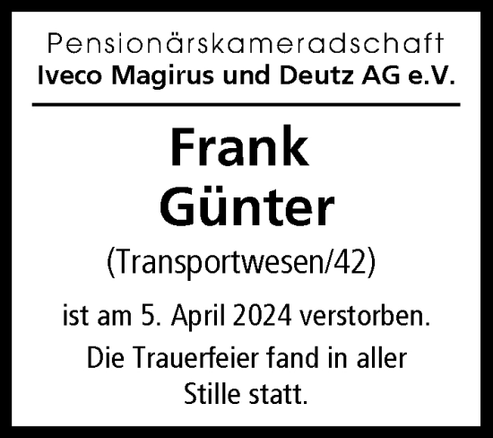 Traueranzeige von Frank Günter von Illertisser Zeitung, Günzburger Zeitung, Neu-Ulmer Zeitung