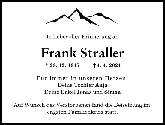 Traueranzeige von Frank Straller von Friedberger Allgemeine
