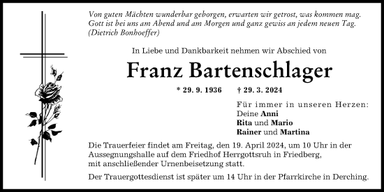 Traueranzeige von Franz Bartenschlager von Augsburger Allgemeine