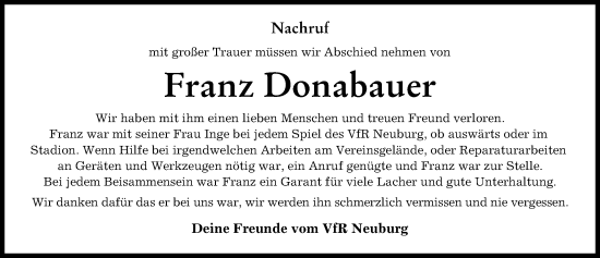 Traueranzeige von Franz Donabauer von Neuburger Rundschau