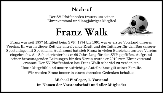 Traueranzeige von Franz Walk von Neu-Ulmer Zeitung
