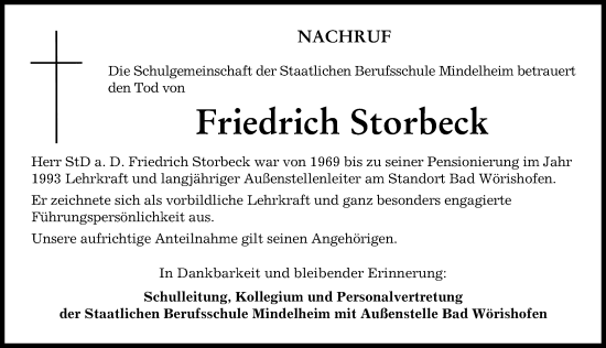 Traueranzeige von Friedrich Storbeck von Mindelheimer Zeitung