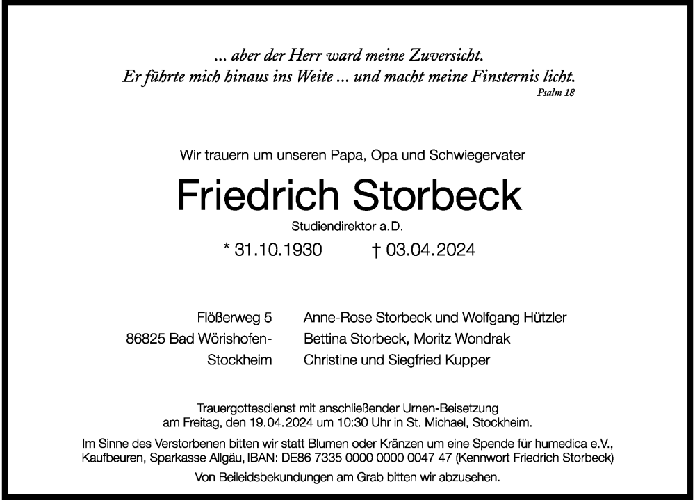  Traueranzeige für Friedrich Storbeck vom 13.04.2024 aus Mindelheimer Zeitung