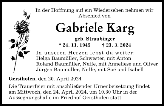 Traueranzeige von Gabriele Karg von Augsburger Allgemeine