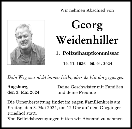 Traueranzeige von Georg Weidenhiller von Augsburger Allgemeine