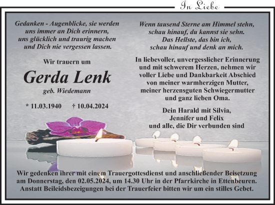 Traueranzeige von Gerda Lenk von Günzburger Zeitung