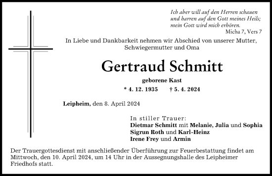Traueranzeige von Gertraud Schmitt von Günzburger Zeitung