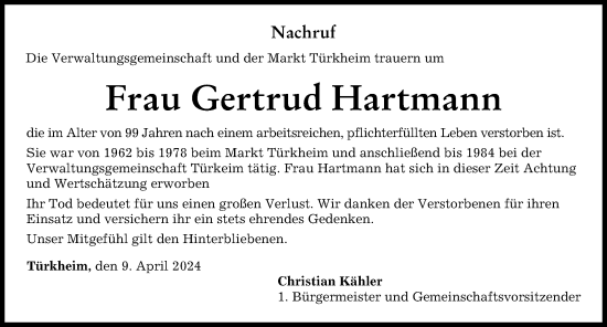 Traueranzeige von Gertrud Hartmann von Mindelheimer Zeitung
