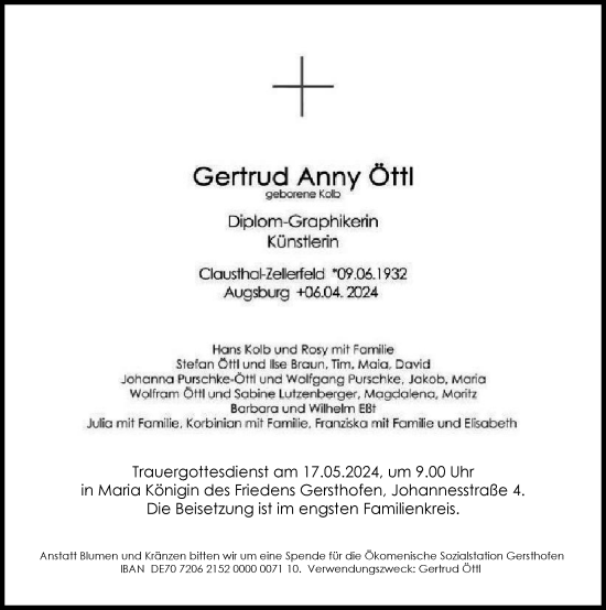 Traueranzeige von Gertrud Anny Öttl von Augsburger Allgemeine