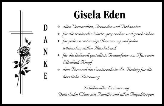 Traueranzeige von Gisela Eden von Schwabmünchner Allgemeine