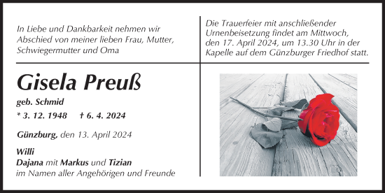 Traueranzeige von Gisela Preuß von Günzburger Zeitung