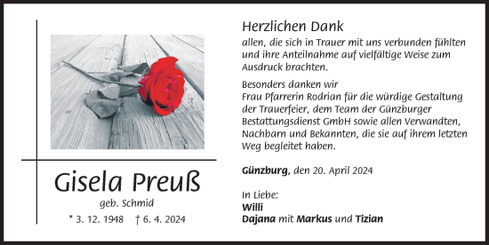 Traueranzeige von Gisela Preuß von Günzburger Zeitung