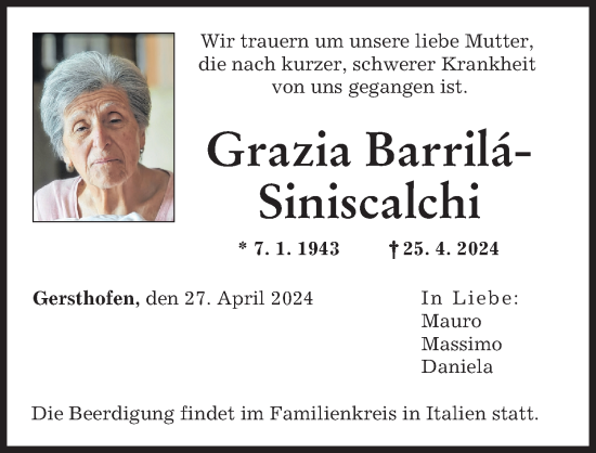 Traueranzeige von Grazia Barrilá-Siniscalchi von Augsburger Allgemeine