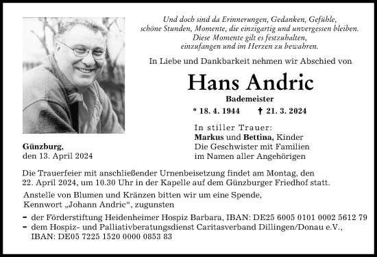 Traueranzeige von Hans Andric von Günzburger Zeitung