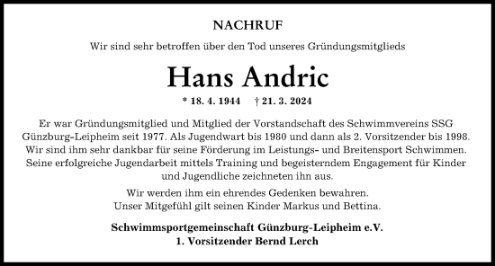 Traueranzeige von Hans Andric von Günzburger Zeitung