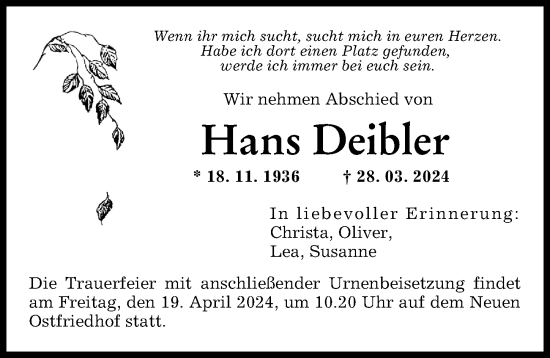 Traueranzeige von Hans Deibler von Augsburger Allgemeine