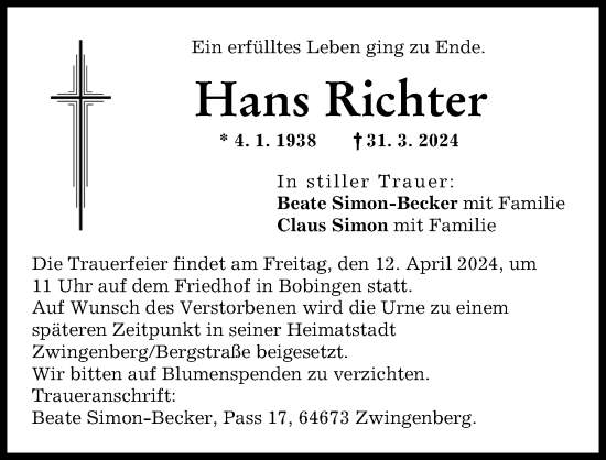 Traueranzeige von Hans Richter von Schwabmünchner Allgemeine