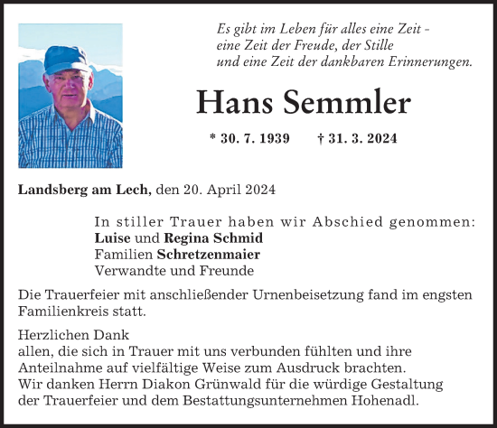 Traueranzeige von Hans Semmler von Günzburger Zeitung, Landsberger Tagblatt