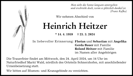 Traueranzeige von Heinrich Heitzer von Schwabmünchner Allgemeine, Augsburger Allgemeine