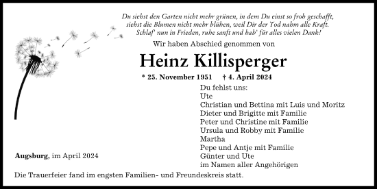 Traueranzeige von Heinz Killisperger von Augsburger Allgemeine