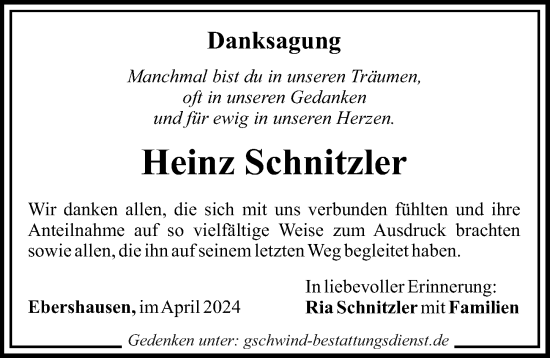 Traueranzeige von Heinz Schnitzler von Mittelschwäbische Nachrichten