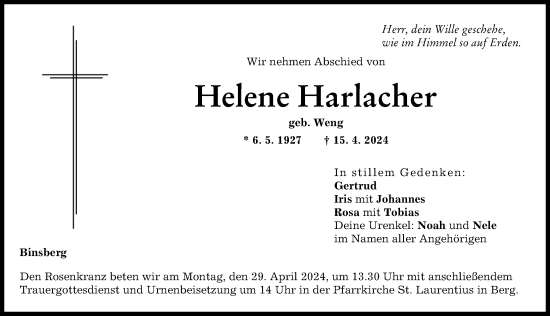 Traueranzeige von Helene Harlacher von Donauwörther Zeitung