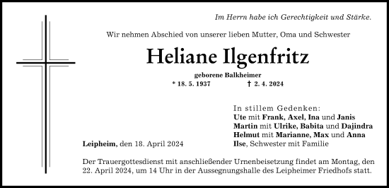 Traueranzeige von Heliane Ilgenfritz von Günzburger Zeitung