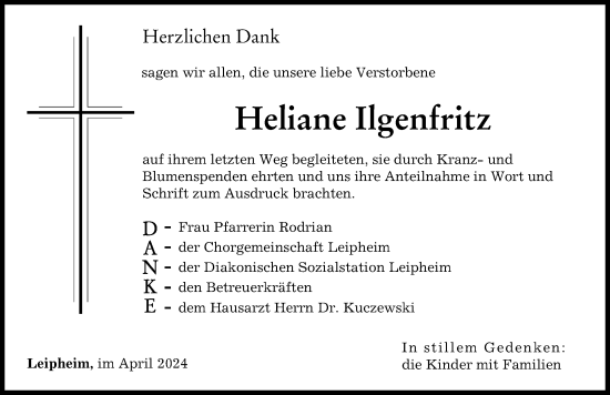 Traueranzeige von Heliane Ilgenfritz von Günzburger Zeitung