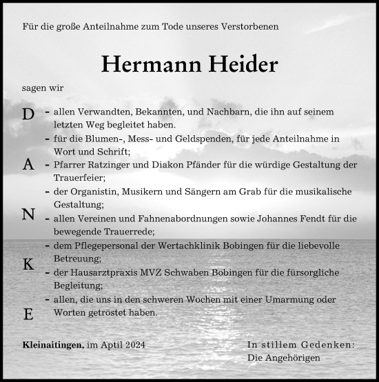 Traueranzeige von Hermann Heider von Schwabmünchner Allgemeine
