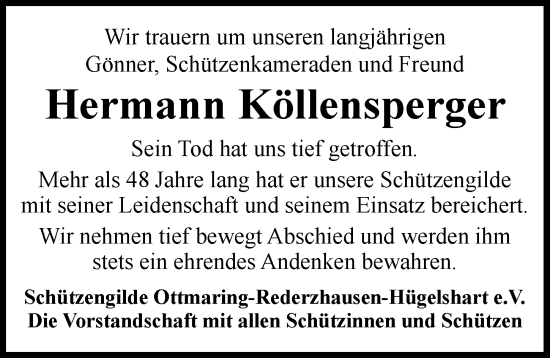 Traueranzeige von Hermann Köllensperger von Friedberger Allgemeine