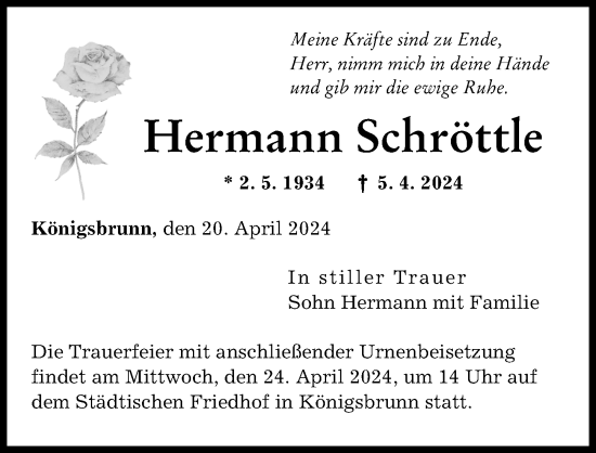 Traueranzeige von Hermann Schröttle von Augsburger Allgemeine