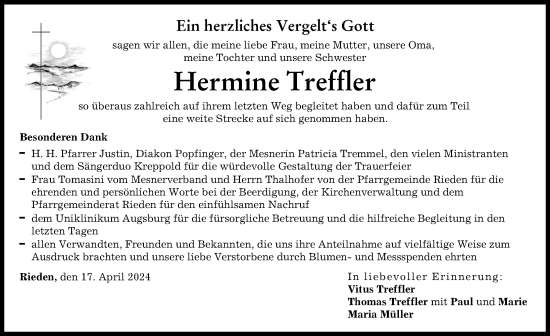 Traueranzeige von Hermine Treffler von Friedberger Allgemeine