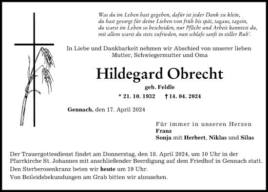 Traueranzeige von Hildegard Obrecht von Schwabmünchner Allgemeine