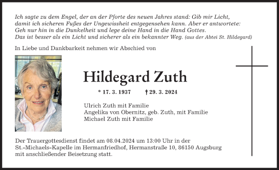 Traueranzeige von Hildegard Zuth von Augsburger Allgemeine
