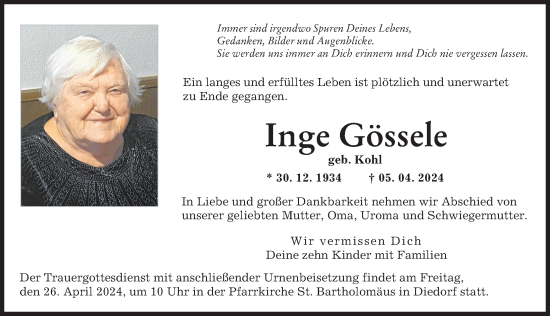 Traueranzeige von Inge Gössele von Augsburg-Land