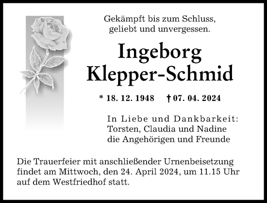 Traueranzeige von Ingeborg Klepper-Schmid von Augsburger Allgemeine