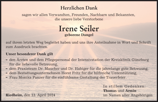 Traueranzeige von Irene Seiler von Günzburger Zeitung