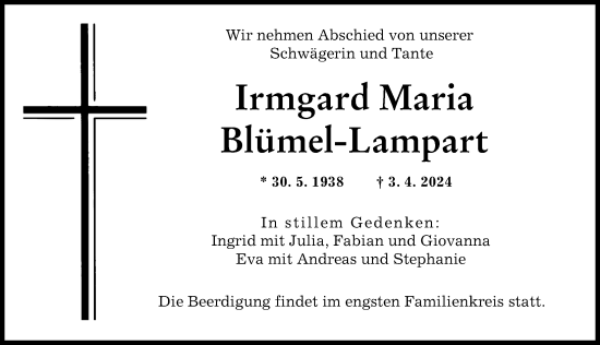 Traueranzeige von Irmgard Blümel-Lampart von Augsburger Allgemeine