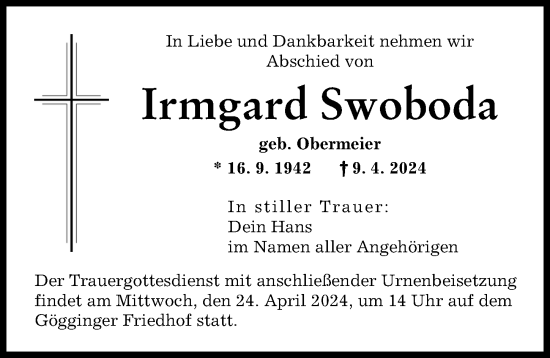 Traueranzeige von Irmgard Swoboda von Augsburger Allgemeine