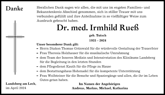 Traueranzeige von Irmhild Rueß von Landsberger Tagblatt