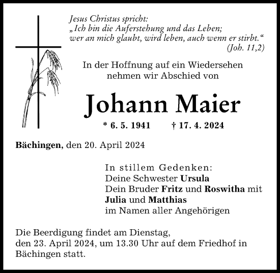 Traueranzeige von Johann Maier von Donau Zeitung