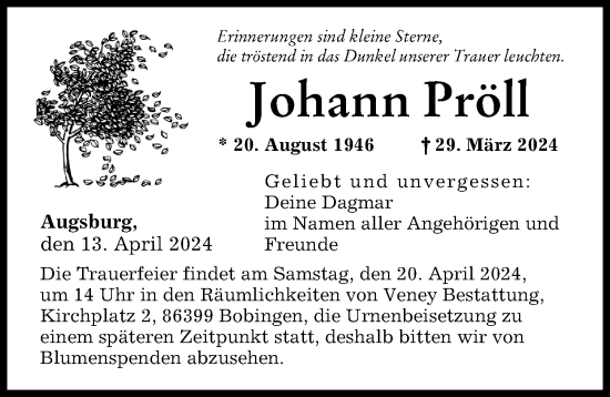 Traueranzeige von Johann Pröll von Augsburger Allgemeine