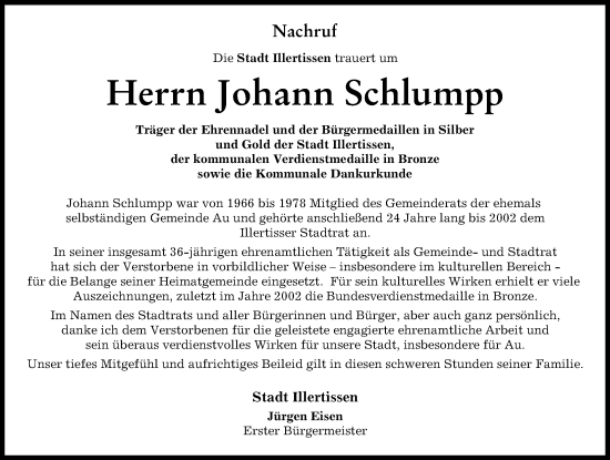 Traueranzeige von Johann Schlumpp von Illertisser Zeitung