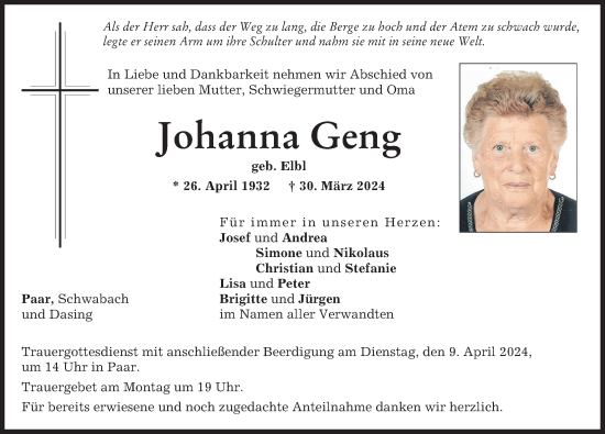 Traueranzeige von Johanna Geng von Friedberger Allgemeine