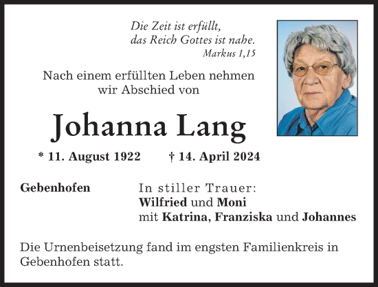Traueranzeige von Johanna Lang von Augsburger Allgemeine
