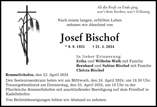 Traueranzeige von Josef Bischof von Neu-Ulmer Zeitung