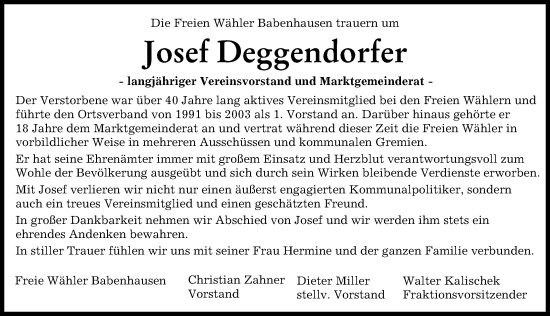Traueranzeige von Josef Deggendorfer von Illertisser Zeitung
