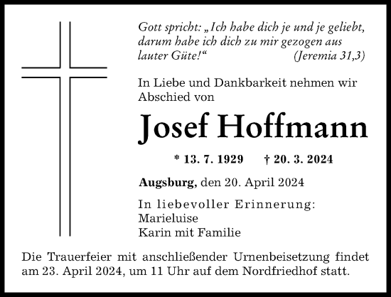 Traueranzeige von Josef Hoffmann von Augsburger Allgemeine