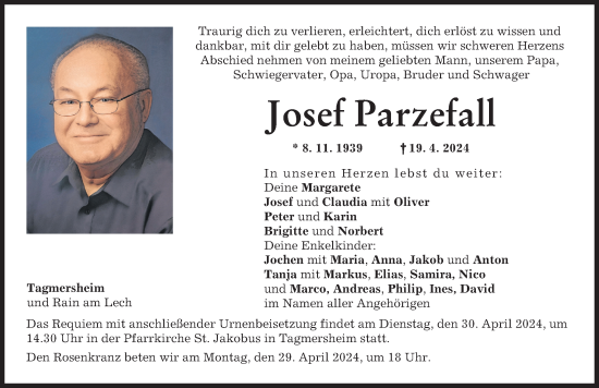 Traueranzeige von Josef Parzefall von Donauwörther Zeitung