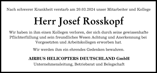 Traueranzeige von Josef Rosskopf von Donauwörther Zeitung